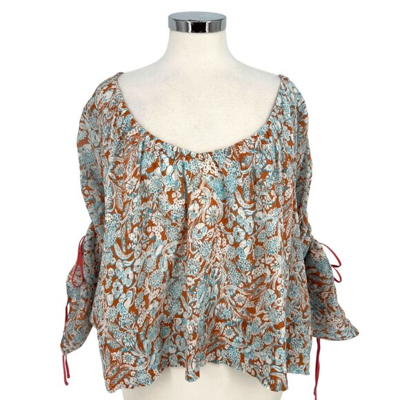 By Anthropologie Floral Long-Sleeve Shirred Blouse Brown Blue Size Large - Picture 1 of 11
